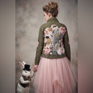 “Rabbits 🐇 and 👑 “ Floral Embellished Green Jacket